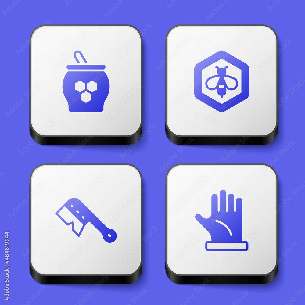 Set Jar of honey and dipper stick, Bee honeycomb, Beekeeping brush and Beekeeper glove icon. White square button. Vector Set Jar of honey and dipper stick, Bee honeycomb, Beekeeping brush and Beekeeper glove icon. White square button. Vector