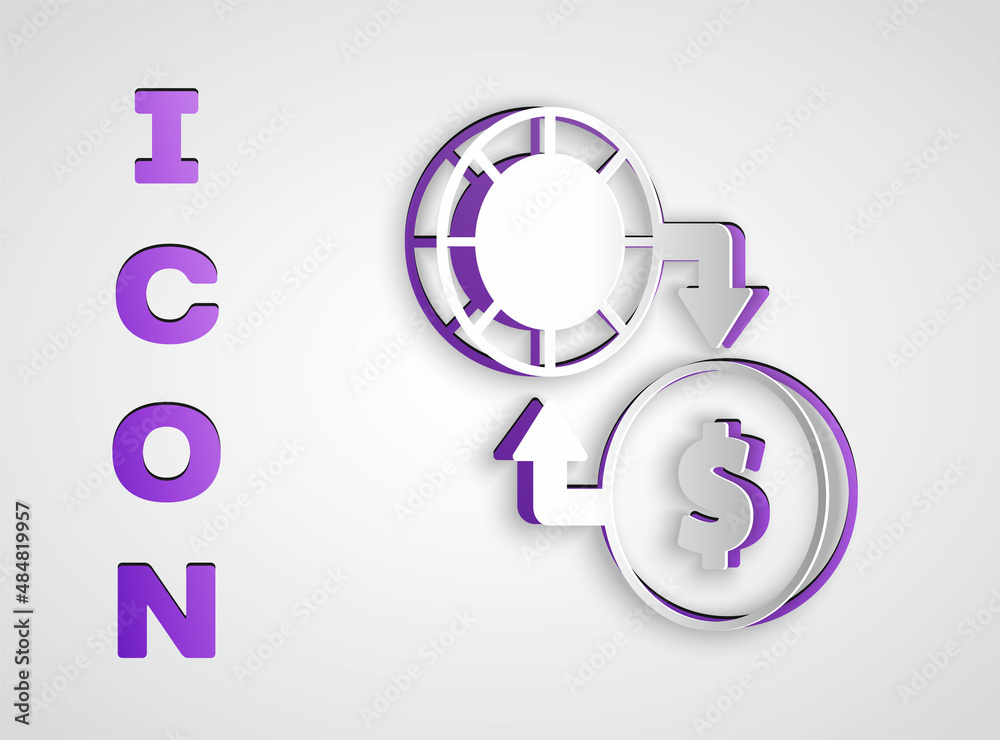 Paper cut Casino chips exchange on stacks of dollars icon isolated on grey background. Paper art style. Vector Paper cut Casino chips exchange on stacks of dollars icon isolated on grey background. Paper art style. Vector