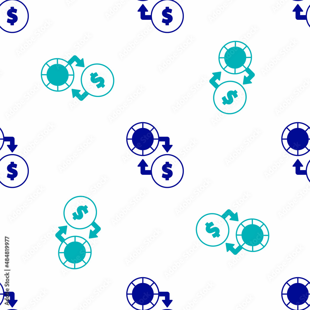 Blue Casino chips exchange on stacks of dollars icon isolated seamless pattern on white background. Vector Blue Casino chips exchange on stacks of dollars icon isolated seamless pattern on white background. Vector