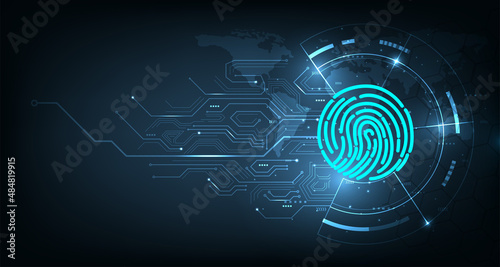  Fingerprint scanning on dark blue technology background.Cyber security background.Data protection, privacy, and internet security concept.vector illustration.