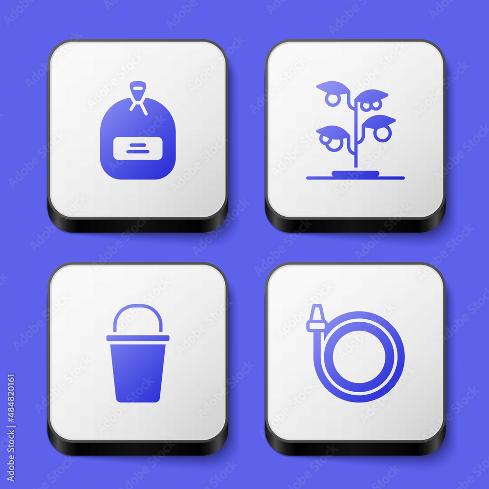 Set Pack full of seeds, Sprout, Bucket and Garden hose icon. White square button. Vector Set Pack full of seeds, Sprout, Bucket and Garden hose icon. White square button. Vector