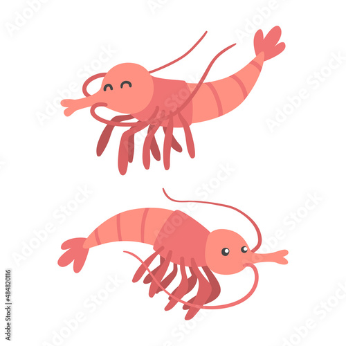 Shrimp Character as Aquatic Mammal with Funny Face Vector Illustration Set