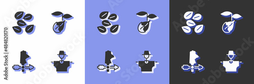 Set Scarecrow, Seeds of specific plant, Rooster weather vane and Sprout icon. Vector