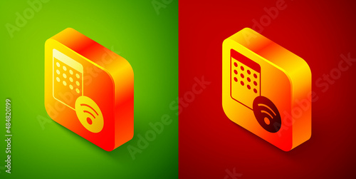 Isometric Air humidifier icon isolated on green and red background. Portable electric home appliance, home air purification and humidification. Square button. Vector