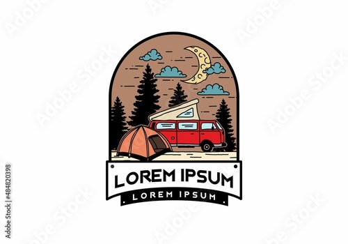 Half moon camping with campervan illustration