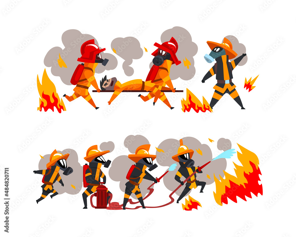 Firefighter in Protective Outfit and Water Hose Extinguishing Fire Vector Set Firefighter in Protective Outfit and Water Hose Extinguishing Fire Vector Set