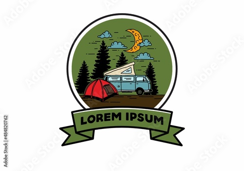 Half moon camping with campervan illustration