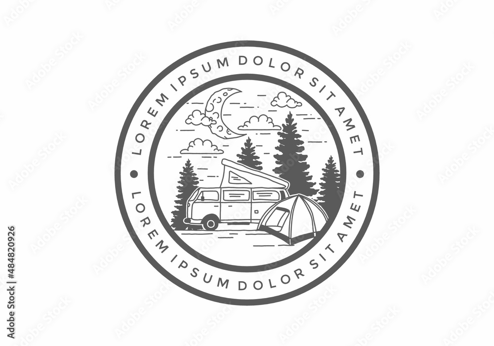 Half moon camping with campervan illustration Half moon camping with campervan illustration