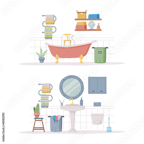Bathroom or Washroom Interior with Sink, Mirror and Laundry Basket Vector Illustration Set
