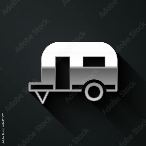 Silver Rv Camping trailer icon isolated on black background. Travel mobile home, caravan, home camper for travel. Long shadow style. Vector
