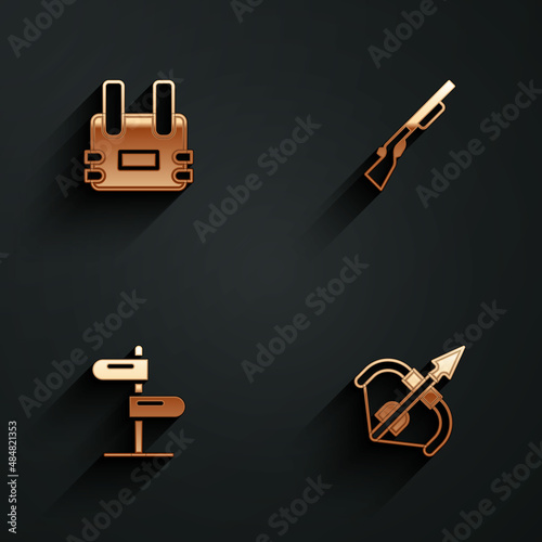 Set Bulletproof vest, Hunting gun, Road traffic sign and Medieval bow and arrow icon with long shadow. Vector
