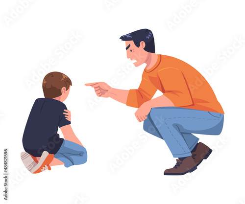 Aggressor and Victim with Violent Man Shouting and Abusing Weak Teen Boy Vector Illustration