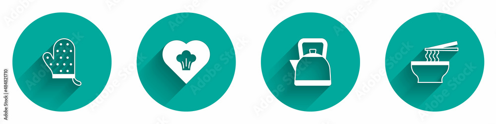 Set Oven glove, Chef hat, Kettle with handle and Asian noodles in bowl icon with long shadow. Vector Set Oven glove, Chef hat, Kettle with handle and Asian noodles in bowl icon with long shadow. Vector