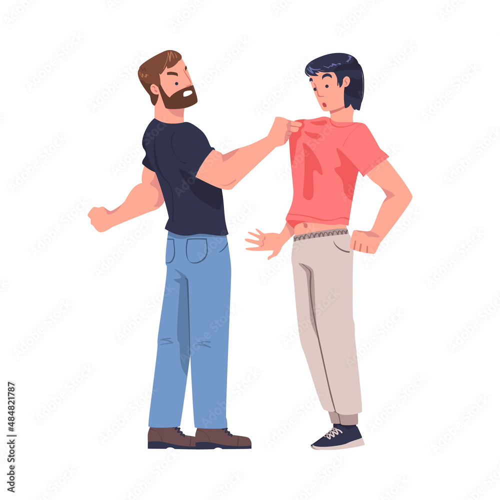 Aggressor and Victim with Violent Man Holding Tight and Abusing Weak Teen Boy Vector Illustration