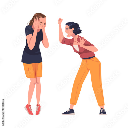 Aggressor and Victim with Violent Woman Shouting and Abusing Weak Agemate Vector Illustration photo