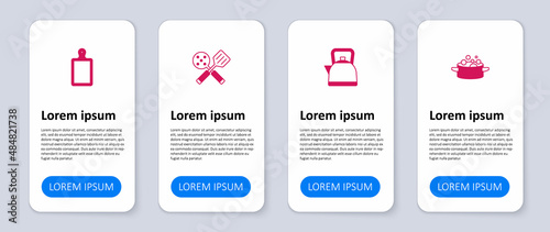 Set Cooking pot, Kettle with handle, Spatula and Cutting board. Business infographic template. Vector