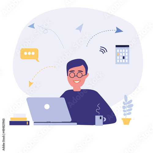 Happy boy works on a laptop. Flat style. Good for image work, office. The concept of distance learning, education, work. Online consultant, communication on the Internet. Flat illustration.