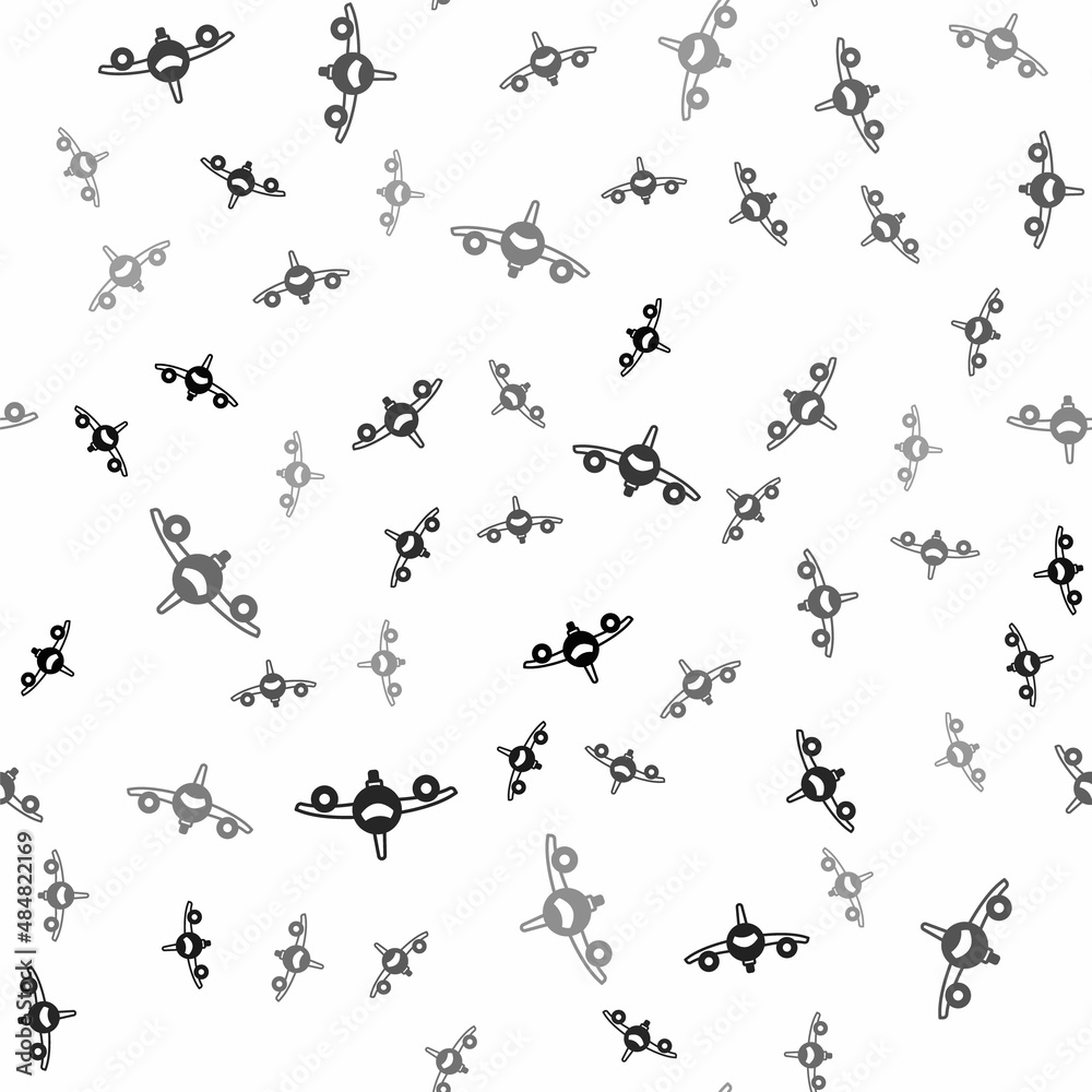 Black Plane icon isolated seamless pattern on white background. Flying airplane icon. Airliner sign. Vector Black Plane icon isolated seamless pattern on white background. Flying airplane icon. Airliner sign. Vector