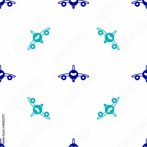 Blue Plane icon isolated seamless pattern on white background. Flying airplane icon. Airliner sign. Vector