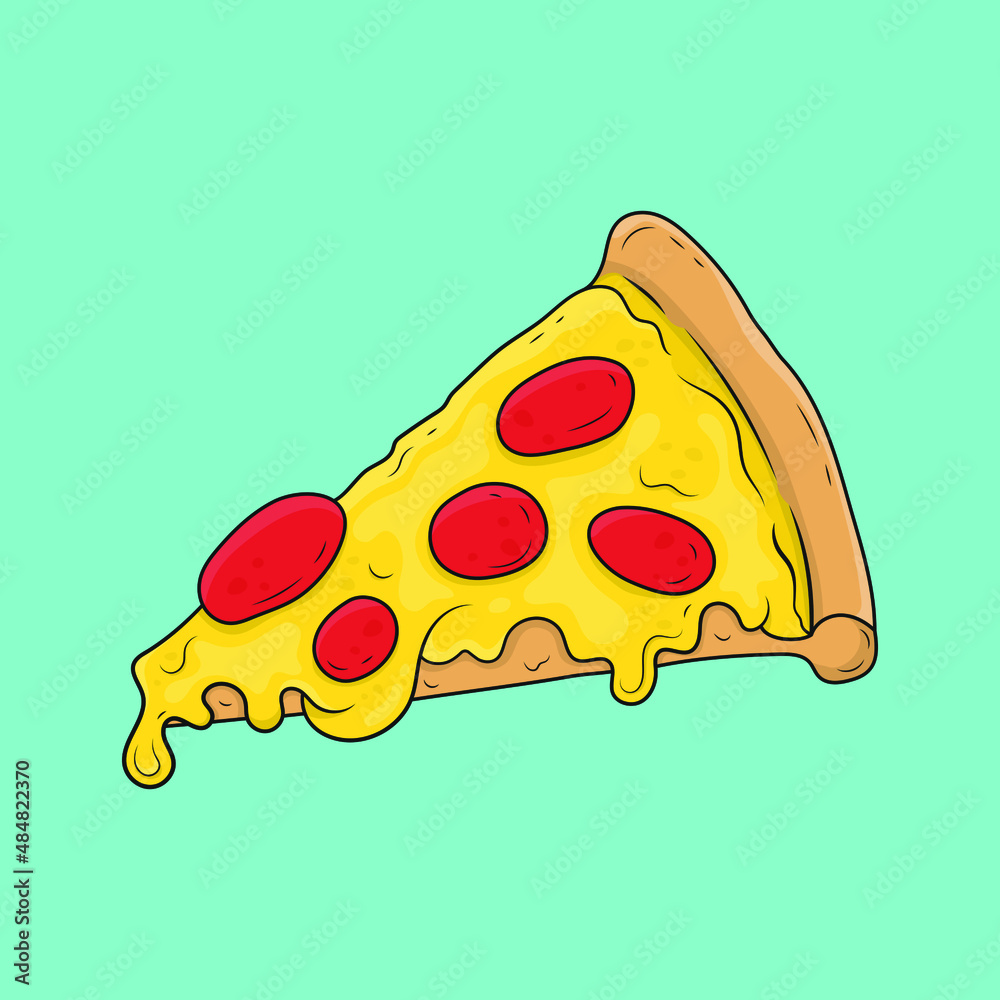 Vector hand drawn create design, Pizza slice melting cheese with pepperoni topping. Vector hand drawn create design, Pizza slice melting cheese with pepperoni topping.