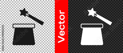 Black Magic hat and wand icon isolated on transparent background. Magic trick. Mystery entertainment concept. Vector