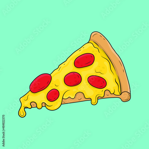 Vector hand drawn create design, Pizza slice melting cheese with pepperoni topping.