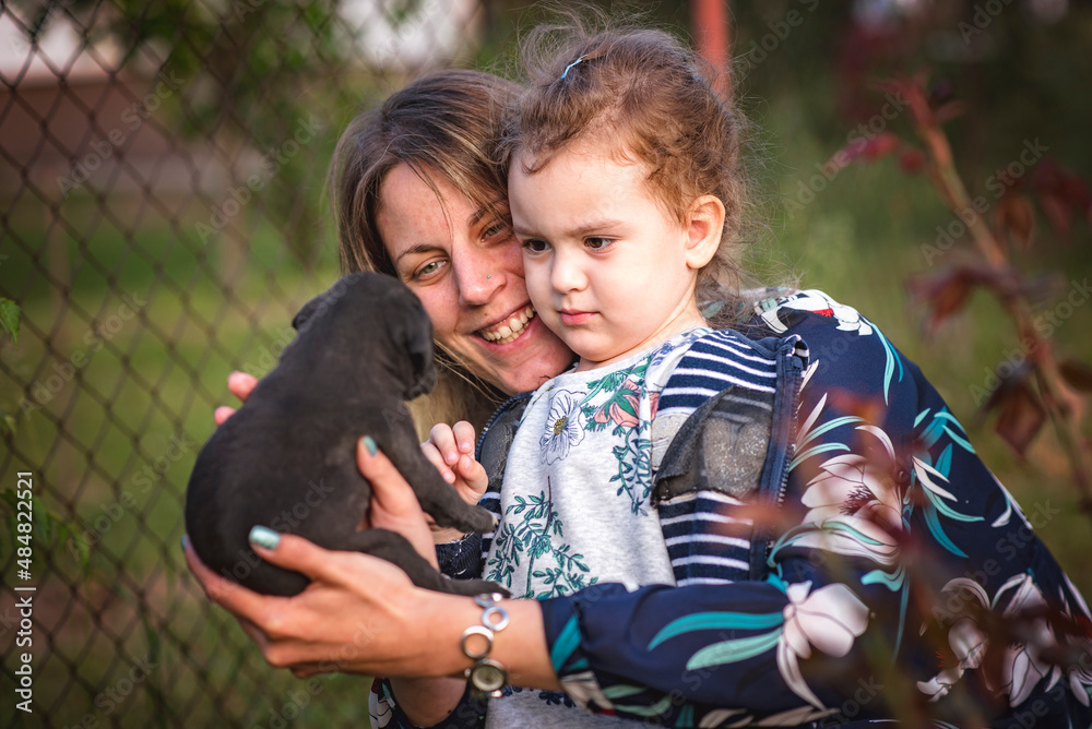 Sweet little child cuddling a small puppy with her mother on a sunny day Sweet little child cuddling a small puppy with her mother on a sunny day