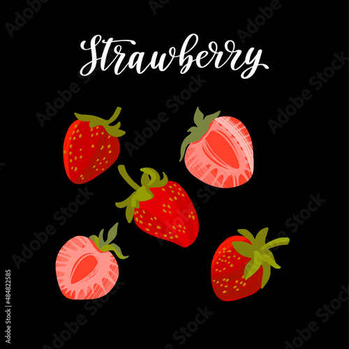 Fototapeta Naklejka Na Ścianę i Meble -  Fresh tasty strawberry whole and cut. Healthy nutrition product.