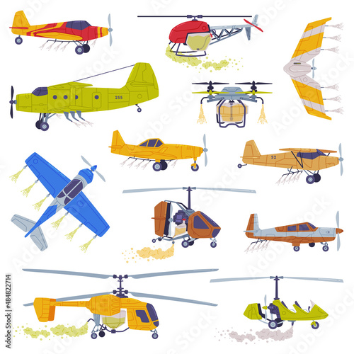 Agricultural Propeller Plane for Aerial Application of Pesticides Vector Set