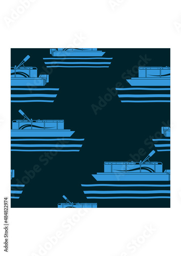 Editable Side View Flat Monochrome Pontoon Boat on Calm Water Vector Illustration With Dark Background as Seamless Pattern for Creating Background of Transportation or Recreation Related Design