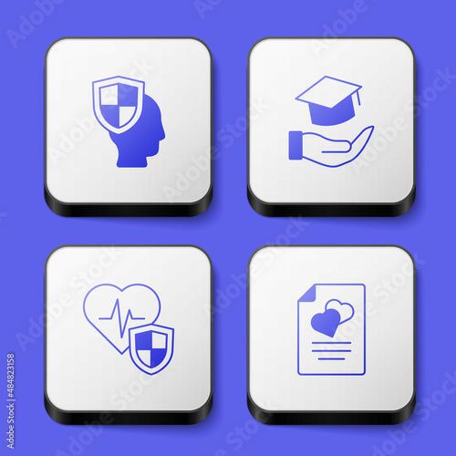 Set Life insurance with shield, Education grant, and Marriage contract icon. White square button. Vector