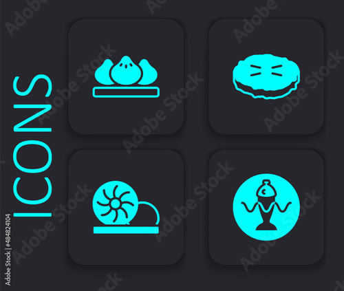 Set Served fish on a plate, Dumpling, Homemade pie and Xiao long bao icon. Black square button. Vector