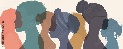 Group of multicultural diversity multiethnic women and girls - head silhouette profile. Female social network community of diverse culture. Racial equality. Empowerment. Colleagues.Team