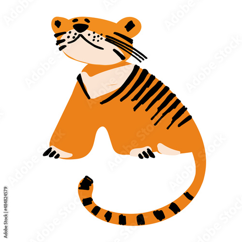 Illustration of a funny tiger cub in a cartoon, simplified style for children. Happy pet concept. Isolated on white background