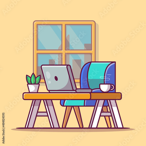 Workspace Laptop With Coffee And Plant Cartoon Vector Icon Illustration. Workplace Technology Icon Concept Isolated Premium Vector. Flat Cartoon Style photo