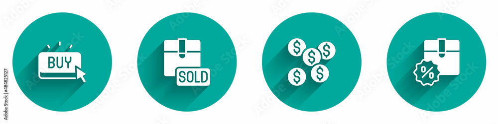 Set Buy button, Sold, Dollar symbol and Cardboard box with discount icon with long shadow. Vector