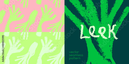 Vector leek pattern seamless. Pencil drawing texture. Green leeks illustration. Vegan restaurant ornament, vegetarian backdrop. Homemade cooking background. Vegetable wallpaper of food label or banner