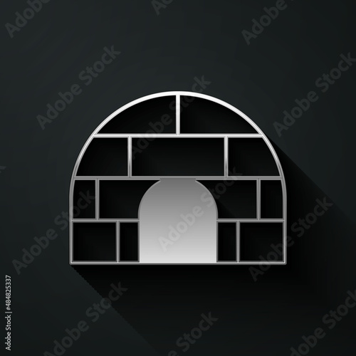 Silver Igloo ice house icon isolated on black background. Snow home, Eskimo dome-shaped hut winter shelter, made of blocks. Long shadow style. Vector