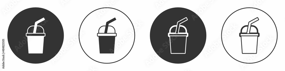 Black Paper glass with drinking straw and water icon isolated on white background. Soda drink glass. Fresh cold beverage symbol. Circle button. Vector Black Paper glass with drinking straw and water icon isolated on white background. Soda drink glass. Fresh cold beverage symbol. Circle button. Vector