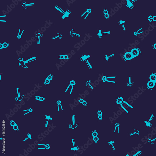 Set Hammer, Welding glasses, and Blacksmith pliers tool on seamless pattern. Vector