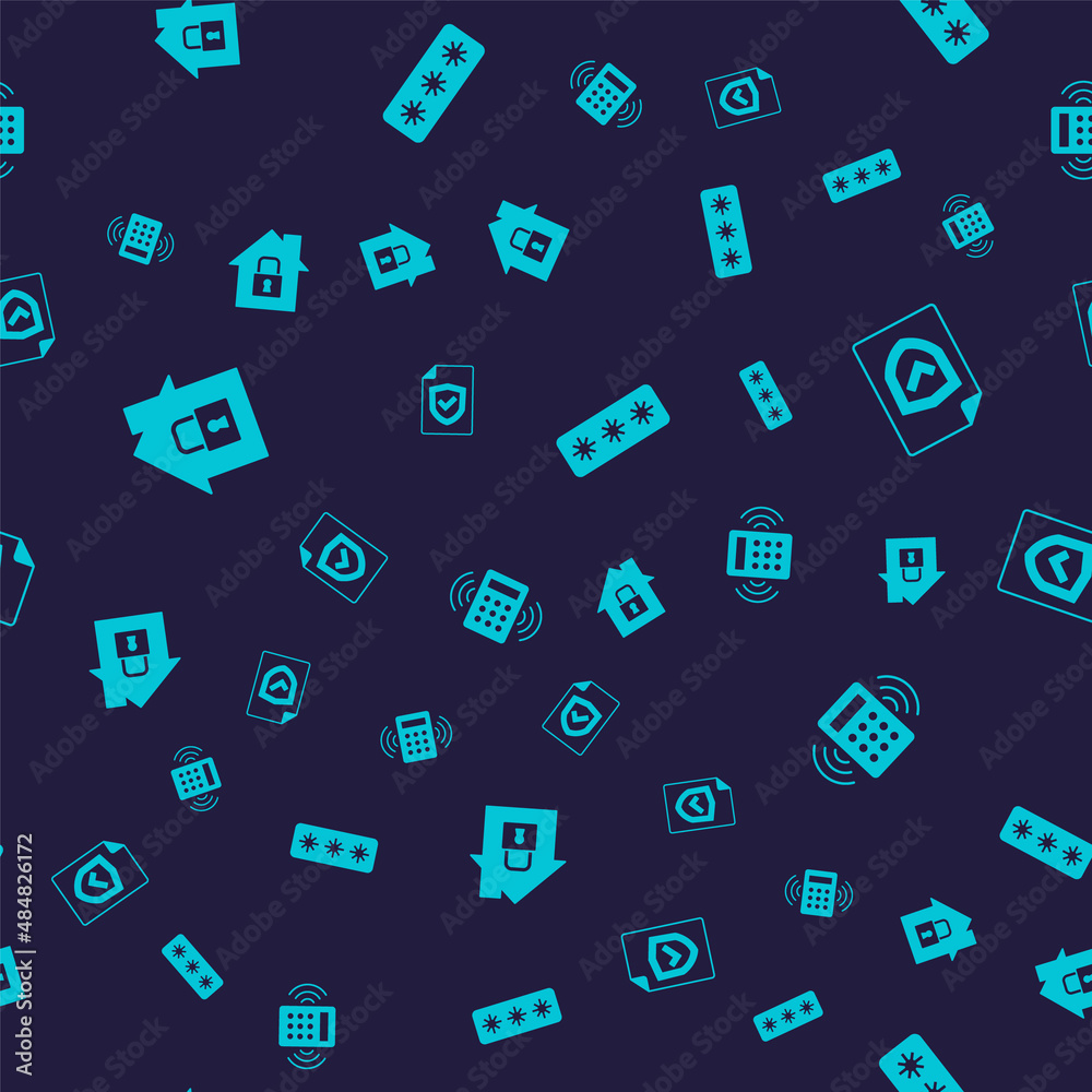 Set House under protection, Contract with shield, Password and Security keypad access panel on seamless pattern. Vector Set House under protection, Contract with shield, Password and Security keypad access panel on seamless pattern. Vector