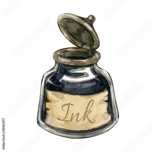 Canvas Print Watercolor illustration of vintage inkwell isolated on white background