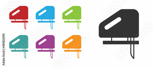 Black Electric jigsaw with steel sharp blade icon isolated on white background. Power tool for woodwork. Set icons colorful. Vector