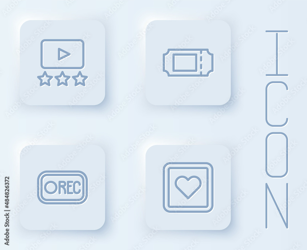 Set line Rating movie, Cinema ticket, Record button and Like heart. White square button. Vector Set line Rating movie, Cinema ticket, Record button and Like heart. White square button. Vector