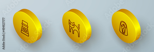 Set Isometric line Bottle with potion, Black cat and Funny and scary ghost mask icon. Vector