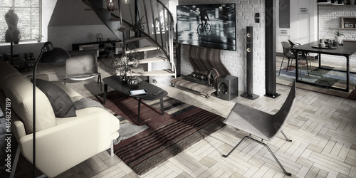 Attic Loft Conversion With Spiral Staircase & Living Room - panoramic black & white 3d visualization photo