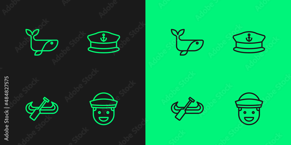 Set line Sailor, Kayak and paddle, Whale and Captain hat icon. Vector