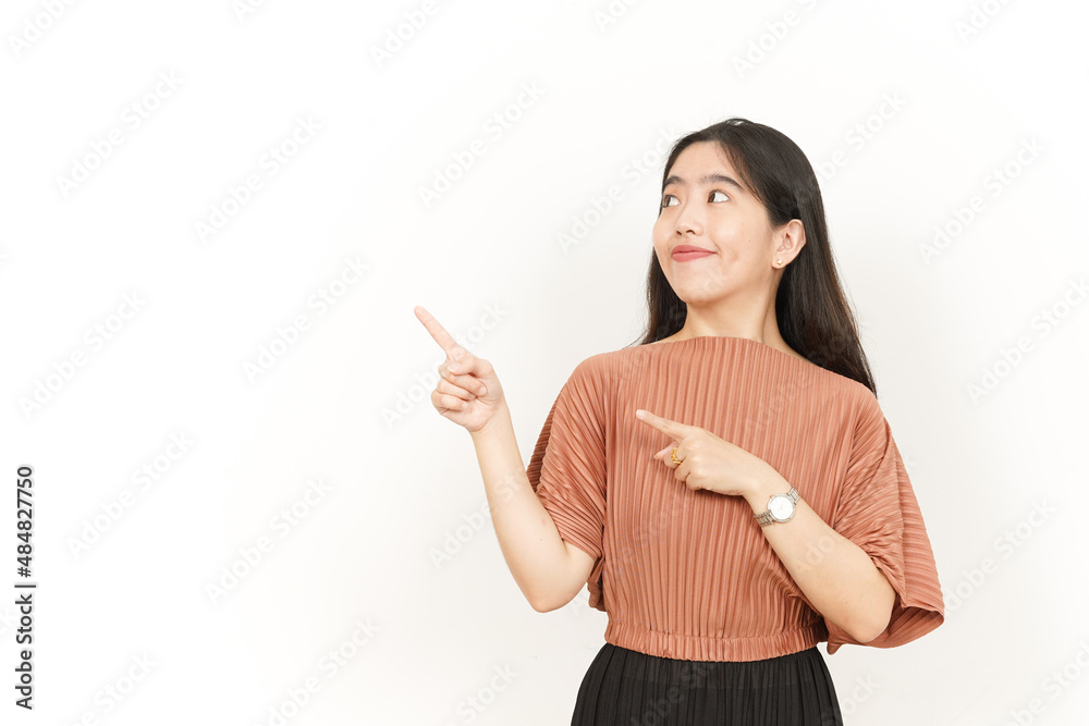 Showing Product and Pointing Side Of Beautiful Asian Woman Isolated On White Background Showing Product and Pointing Side Of Beautiful Asian Woman Isolated On White Background