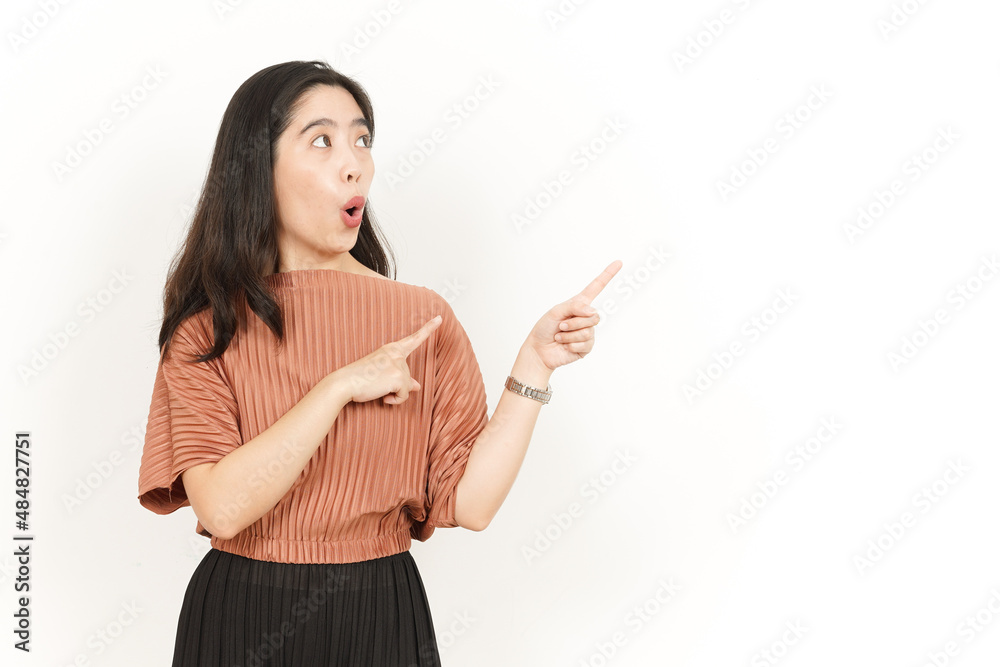 Showing Product and Pointing Side Of Beautiful Asian Woman Isolated On White Background Showing Product and Pointing Side Of Beautiful Asian Woman Isolated On White Background