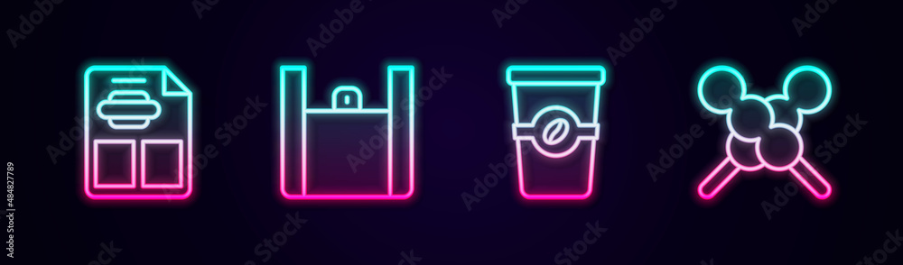 Set line Restaurant cafe menu, Online ordering food, Coffee cup to go and Meatballs on wooden stick. Glowing neon icon. Vector Set line Restaurant cafe menu, Online ordering food, Coffee cup to go and Meatballs on wooden stick. Glowing neon icon. Vector